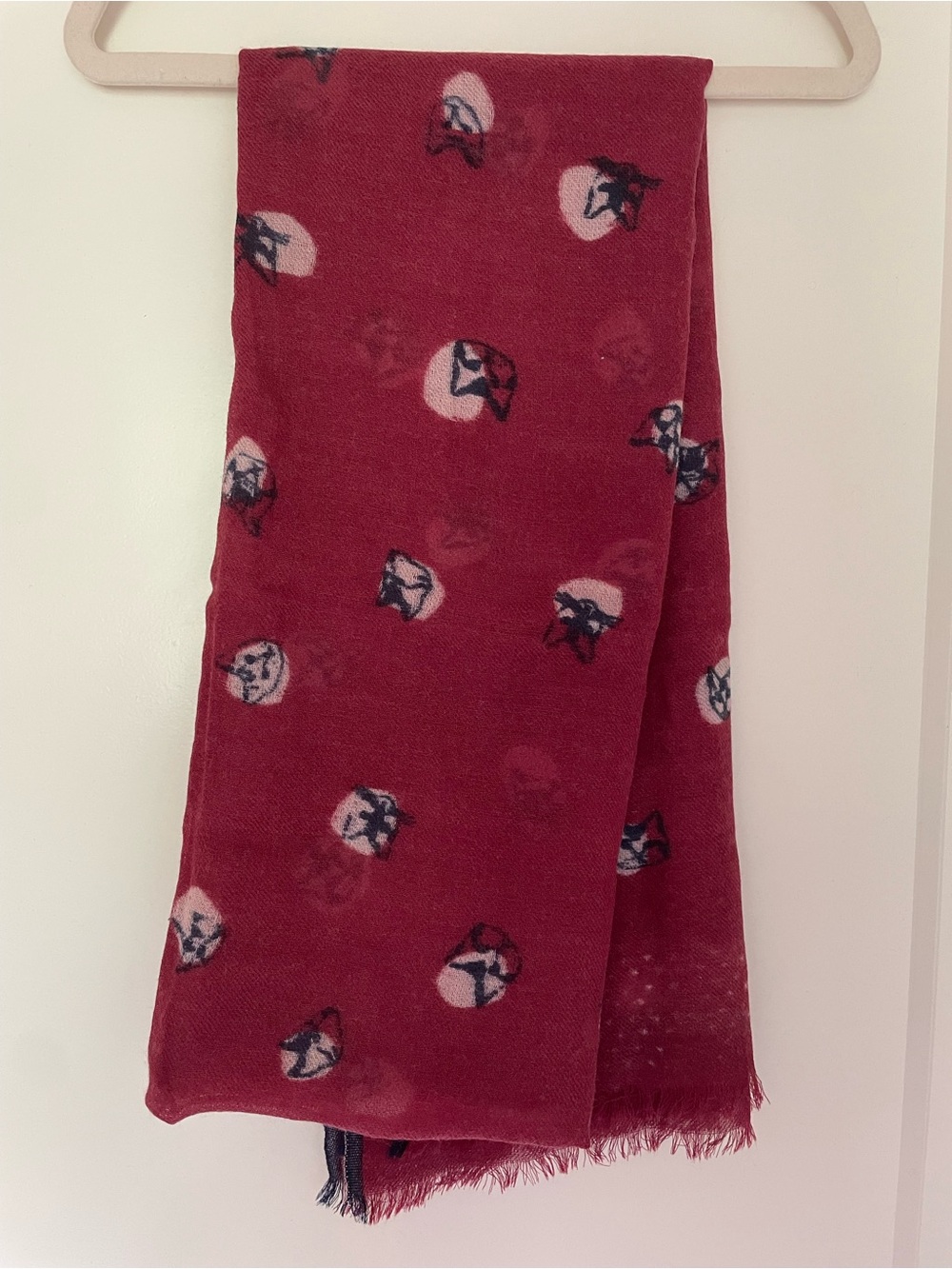 Wool & silk burgundy Scarf with Navy Trim, Cat Print